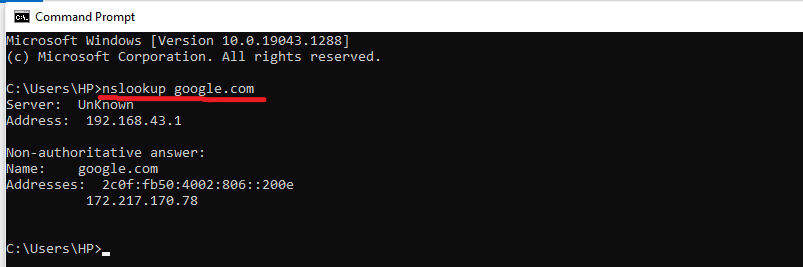 nslookup DNS command