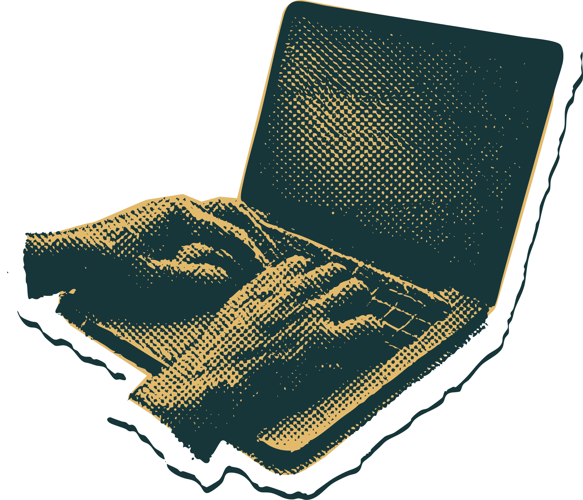 Halftone illustration of hands working on a laptop
